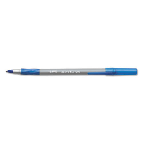 Round Stic Grip Xtra Comfort Ballpoint Pen, Stick, Fine 0.8 mm, Blue Ink, Gray/Blue Barrel, Dozen