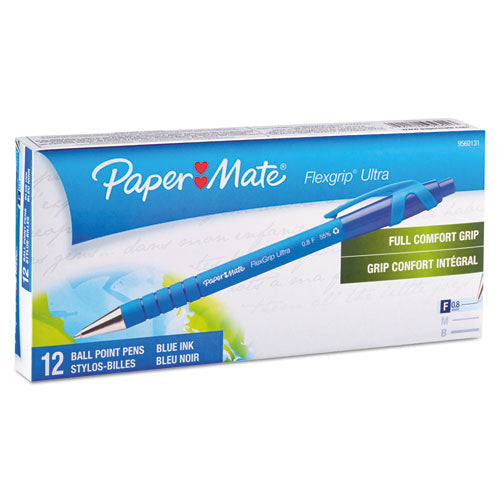 FlexGrip Ultra Ballpoint Pen, Retractable, Fine 0.8 mm, Blue Ink, Black/Blue Barrel, Dozen