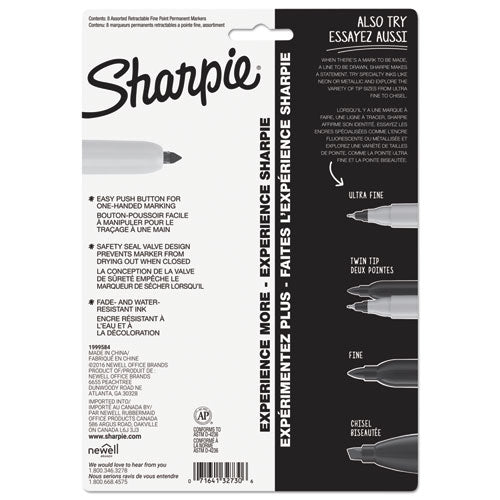 Retractable Permanent Marker, Fine Bullet Tip, Assorted Colors, 8/Set