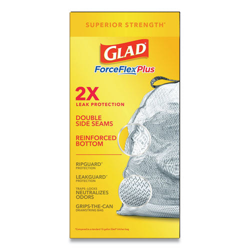 ForceFlexPlus OdorShield Tall Kitchen Drawstring Trash Bags, 13 gal, 0.9 mil, 24" x 28", White, 34 Bags/Box, 6 Boxes/Carton