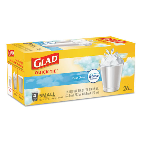 OdorShield Quick-Tie Small Trash Bags, 4 gal, 0.5 mil, 8" x 18", White, 26 Bags/Box, 6 Boxes/Carton