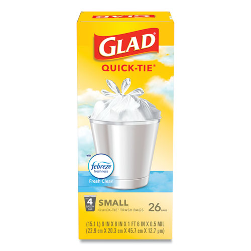 OdorShield Quick-Tie Small Trash Bags, 4 gal, 0.5 mil, 8" x 18", White, 26 Bags/Box, 6 Boxes/Carton