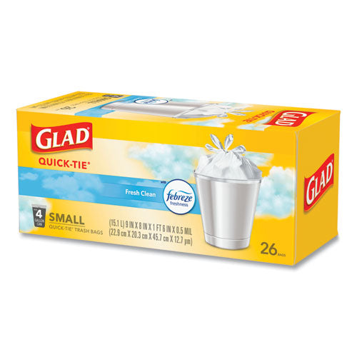 OdorShield Quick-Tie Small Trash Bags, 4 gal, 0.5 mil, 8" x 18", White, 26 Bags/Box, 6 Boxes/Carton