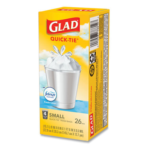 OdorShield Quick-Tie Small Trash Bags, 4 gal, 0.5 mil, 8" x 18", White, 26 Bags/Box, 6 Boxes/Carton