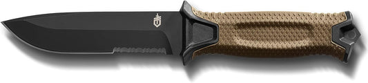 Gear Strongarm - Fixed Blade Tactical Knife for Survival Gear - Coyote Brown, Serrated Edge