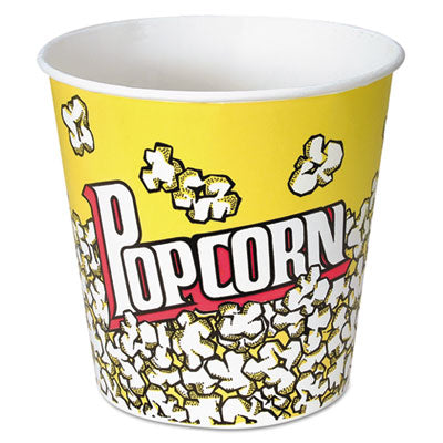 Dart Paper Popcorn Bucket, Popcorn Design, 85 oz, Yellow/Red, 15/Pack, 10 Packs/Carton