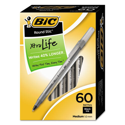 Round Stic Xtra Life Ballpoint Pen Value Pack, Stick, Medium 1 mm, Black Ink, Smoke Barrel, 60/Box