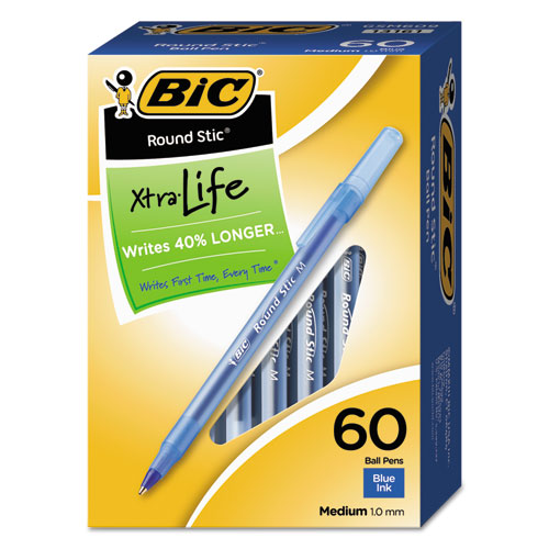 Round Stic Xtra Life Ballpoint Pen Value Pack, Stick, Medium 1 mm, Blue Ink, Translucent Blue Barrel, 60/Box