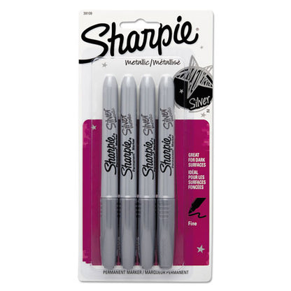 Metallic Fine Point Permanent Markers, Fine Bullet Tip, Metallic Silver, 4/Pack