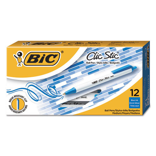 Clic Stic Ballpoint Pen, Retractable, Medium 1 mm, Blue Ink, White Barrel, Dozen