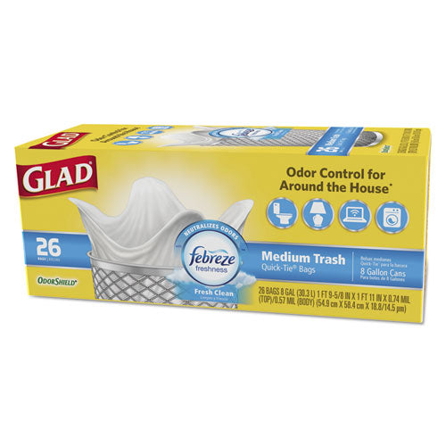 OdorShield Medium Quick-Tie Trash Bags, 8 gal, 0.57 mil, 21.63" x 23", White, 26 Bags/Box, 6 Boxes/Carton