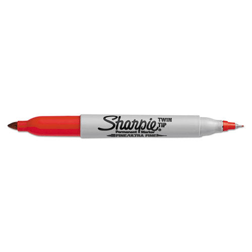 Twin-Tip Permanent Marker, Extra-Fine/Fine Bullet Tips, Red, Dozen