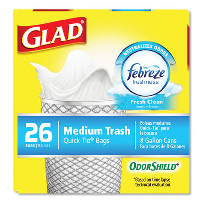 OdorShield Medium Quick-Tie Trash Bags, 8 gal, 0.57 mil, 21.63" x 23", White, 26 Bags/Box, 6 Boxes/Carton