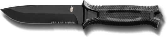 Gear Strongarm - Fixed Blade Tactical Knife for Survival Gear - Black, Serrated Edge