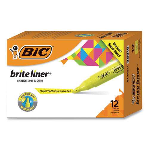 Brite Liner Tank-Style Highlighter, Fluorescent Yellow Ink, Chisel Tip, Yellow/Black Barrel, Dozen