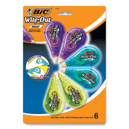 Wite-Out Brand Mini Correction Tape, Non-Refillable, Blue/Purple/Yellow Applicators, 0.2" x 314.4", 6/Pack