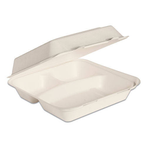 Bare Eco-Forward Bagasse Hinged Lid Containers, 3-Compartment, 9.6 x 9.4 x 3.2, Ivory, Sugarcane, 200/Carton