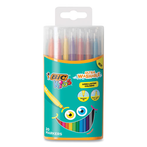 Kids Ultra Washable Markers, Plastic Tube, Medium Bullet Tip, Assorted Colors, 20/Pack