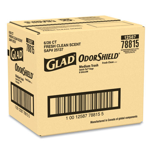 OdorShield Medium Quick-Tie Trash Bags, 8 gal, 0.57 mil, 21.63" x 23", White, 26 Bags/Box, 6 Boxes/Carton