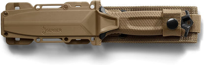 Gear Strongarm - Fixed Blade Tactical Knife for Survival Gear - Coyote Brown, Serrated Edge