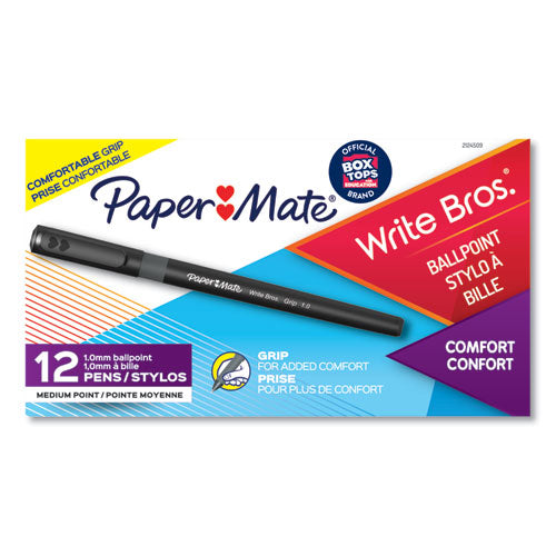 Write Bros. Grip Ballpoint Pen, Stick, Medium 1 mm, Black Ink, Black Barrel, Dozen