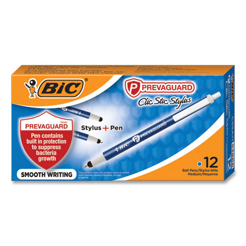 PrevaGuard Clic Ballpoint/Stylus Pen, Retractable, Medium 1 mm, Blue Ink/Blue Barrel, Dozen