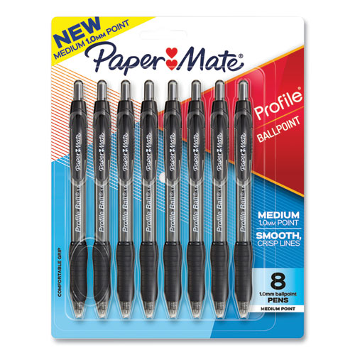 Profile Ballpoint Pen, Retractable, Medium 1 mm, Black Ink, Translucent Black Barrel, 8/Pack