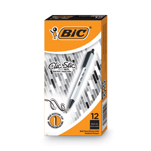 Clic Stic Ballpoint Pen, Retractable, Medium 1 mm, Black Ink, White Barrel, Dozen