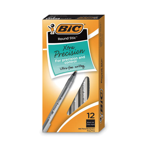 Round Stic Xtra Precision Ballpoint Pen, Stick, Fine 0.8 mm, Black Ink, Smoke Barrel, Dozen