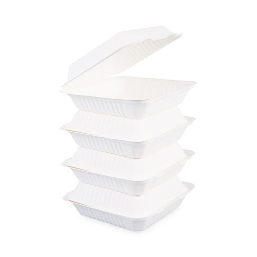 Bagasse Food Containers, Hinged-Lid, 1-Compartment 9 x 9 x 3.19, White, Sugarcane, 100/Sleeve, 2 Sleeves/Carton