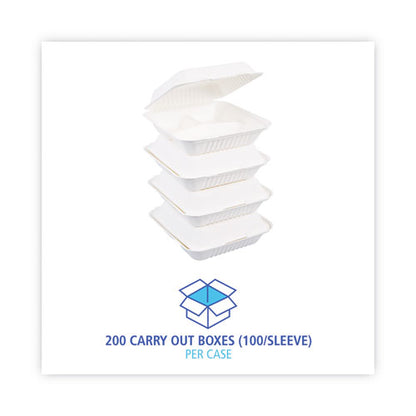 Bagasse Food Containers, Hinged-Lid, 3-Compartment 9 x 9 x 3.19, White, Sugarcane, 100/Sleeve, 2 Sleeves/Carton