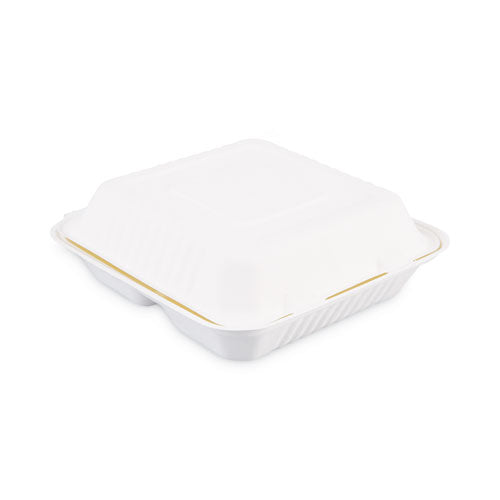 Bagasse Food Containers, Hinged-Lid, 3-Compartment 9 x 9 x 3.19, White, Sugarcane, 100/Sleeve, 2 Sleeves/Carton