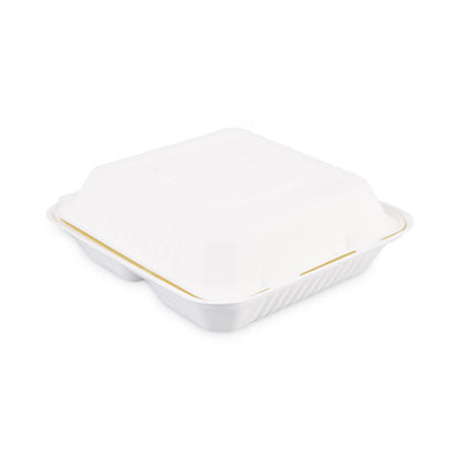 Bagasse Food Containers, Hinged-Lid, 3-Compartment 9 x 9 x 3.19, White, Sugarcane, 100/Sleeve, 2 Sleeves/Carton