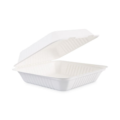 Bagasse Food Containers, Hinged-Lid, 1-Compartment 9 x 9 x 3.19, White, Sugarcane, 100/Sleeve, 2 Sleeves/Carton