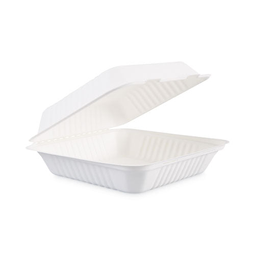 Bagasse Food Containers, Hinged-Lid, 1-Compartment 9 x 9 x 3.19, White, Sugarcane, 100/Sleeve, 2 Sleeves/Carton