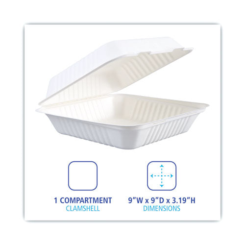 Bagasse Food Containers, Hinged-Lid, 1-Compartment 9 x 9 x 3.19, White, Sugarcane, 100/Sleeve, 2 Sleeves/Carton