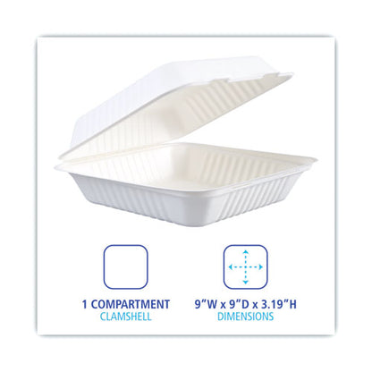 Bagasse Food Containers, Hinged-Lid, 1-Compartment 9 x 9 x 3.19, White, Sugarcane, 100/Sleeve, 2 Sleeves/Carton