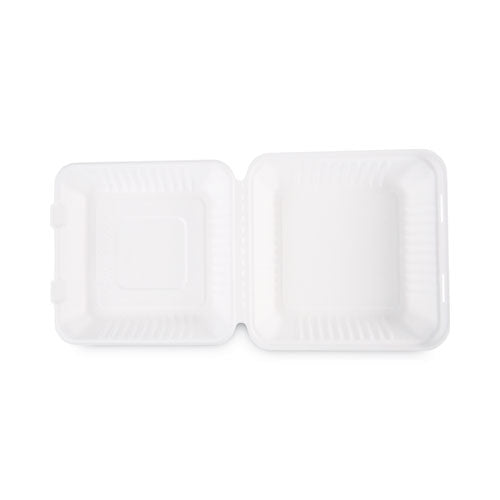 Bagasse Food Containers, Hinged-Lid, 1-Compartment 9 x 9 x 3.19, White, Sugarcane, 100/Sleeve, 2 Sleeves/Carton