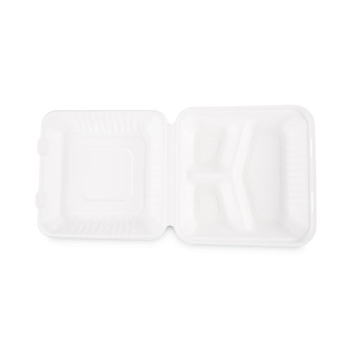 Bagasse Food Containers, Hinged-Lid, 3-Compartment 9 x 9 x 3.19, White, Sugarcane, 100/Sleeve, 2 Sleeves/Carton