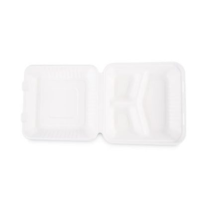 Bagasse Food Containers, Hinged-Lid, 3-Compartment 9 x 9 x 3.19, White, Sugarcane, 100/Sleeve, 2 Sleeves/Carton