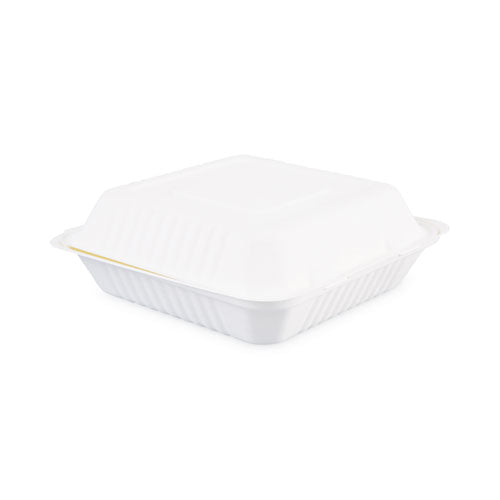 Bagasse Food Containers, Hinged-Lid, 1-Compartment 9 x 9 x 3.19, White, Sugarcane, 100/Sleeve, 2 Sleeves/Carton