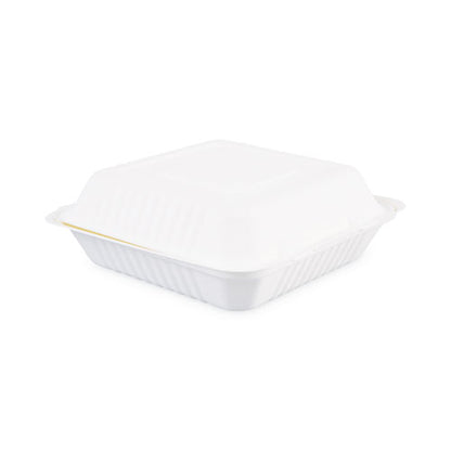 Bagasse Food Containers, Hinged-Lid, 1-Compartment 9 x 9 x 3.19, White, Sugarcane, 100/Sleeve, 2 Sleeves/Carton