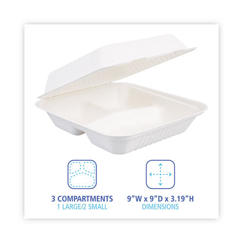 Bagasse Food Containers, Hinged-Lid, 3-Compartment 9 x 9 x 3.19, White, Sugarcane, 100/Sleeve, 2 Sleeves/Carton