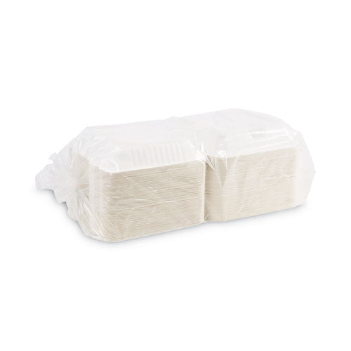 Bagasse Food Containers, Hinged-Lid, 3-Compartment 9 x 9 x 3.19, White, Sugarcane, 100/Sleeve, 2 Sleeves/Carton