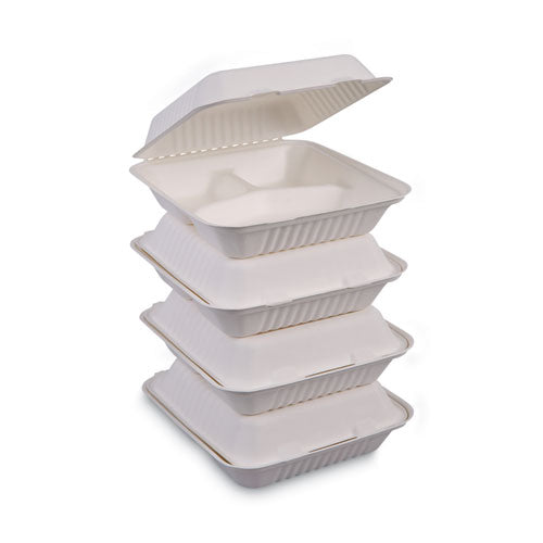 Bagasse Food Containers, Hinged-Lid, 3-Compartment 9 x 9 x 3.19, White, Sugarcane, 100/Sleeve, 2 Sleeves/Carton