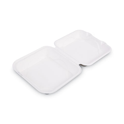 Bagasse Hinged Clamshell Containers, 9 x 9 x 3, White, Sugarcane, 50/Pack, 4 Packs/Carton