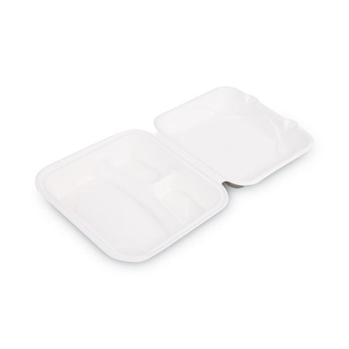 Bagasse Hinged Clamshell Containers, 3-Compartment, 9 x 9 x 3, White, Sugarcane, 50/Pack, 4 Packs/Carton