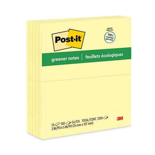 Original Recycled Note Pads, 3" x 5", Canary Yellow, 100 Sheets/Pad, 12 Pads/Pack