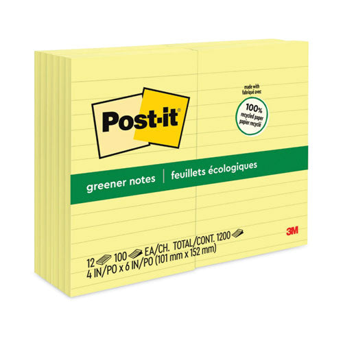 Original Recycled Note Pads, Note Ruled, 4" x 6", Canary Yellow, 100 Sheets/Pad, 12 Pads/Pack