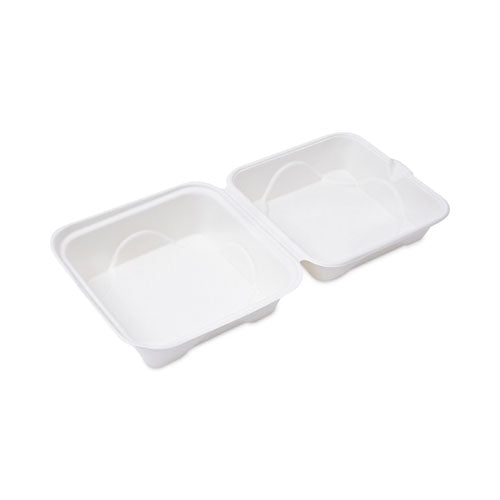 Bagasse Hinged Clamshell Containers, 6 x 6 x 3, White, Sugarcane, 50/Pack, 10 Packs/Carton